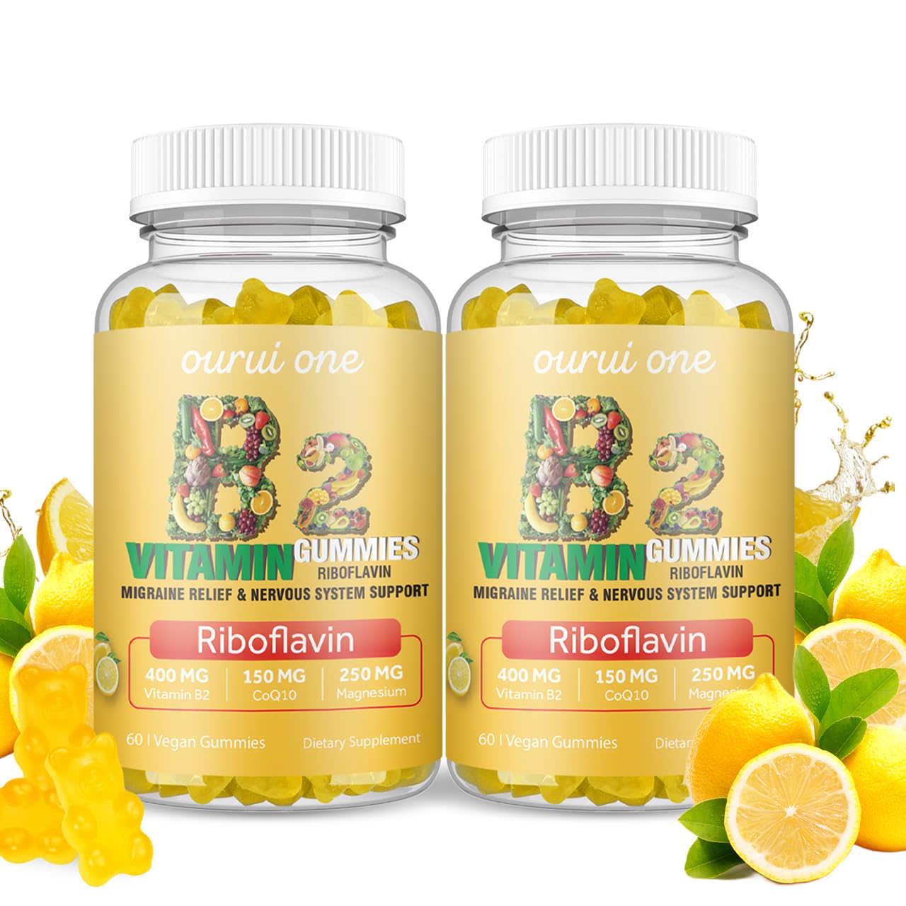 ourui one Vitamin B2 Gummies lemon bottle front highlights energy support.