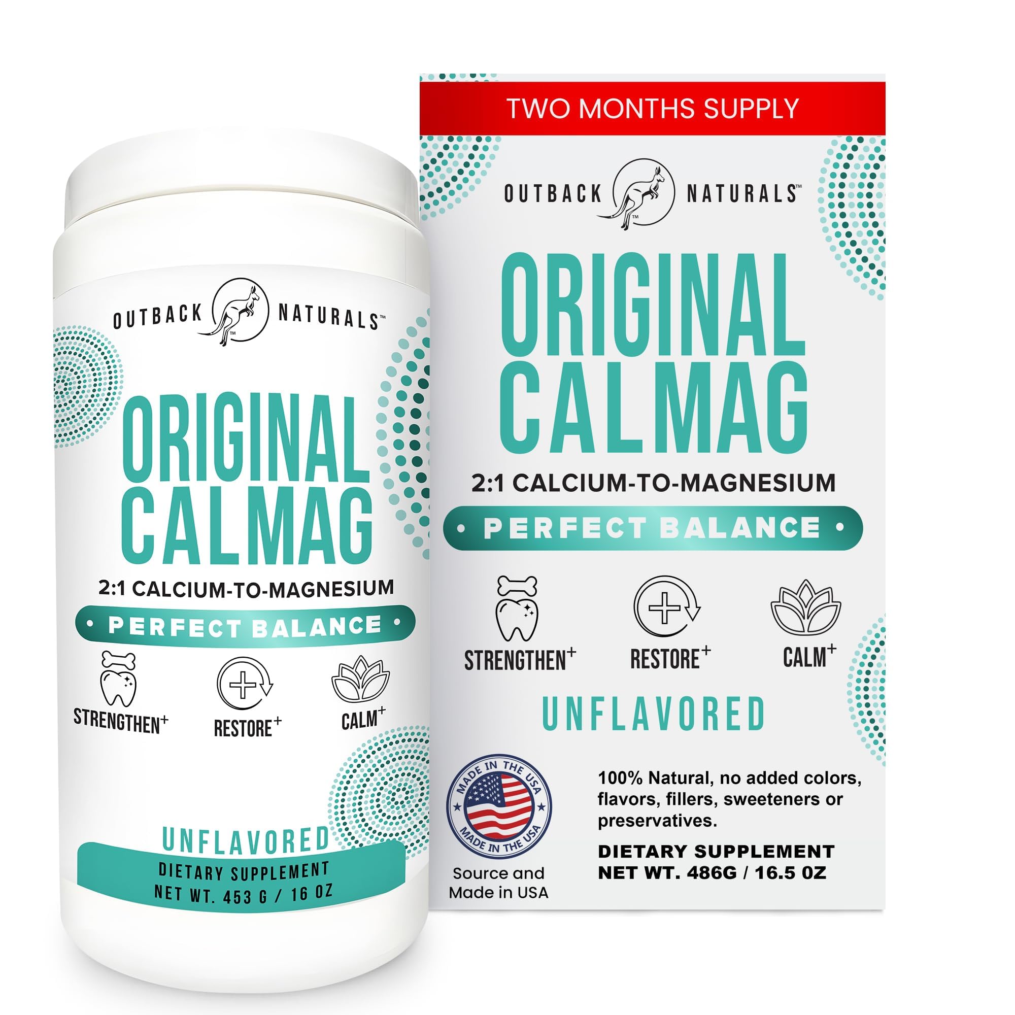 Outback Naturals calcium magnesium powder jar for steady, flavorless supplementation.