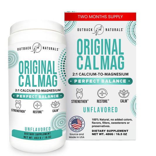 Outback Naturals calcium magnesium powder jar for steady, flavorless supplementation.
