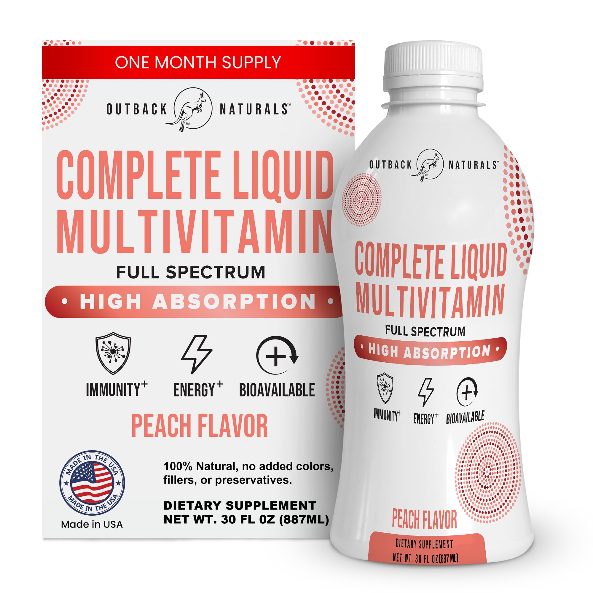 Outback Naturals Complete Liquid Multivitamin bottle shows high-absorption daily wellness.