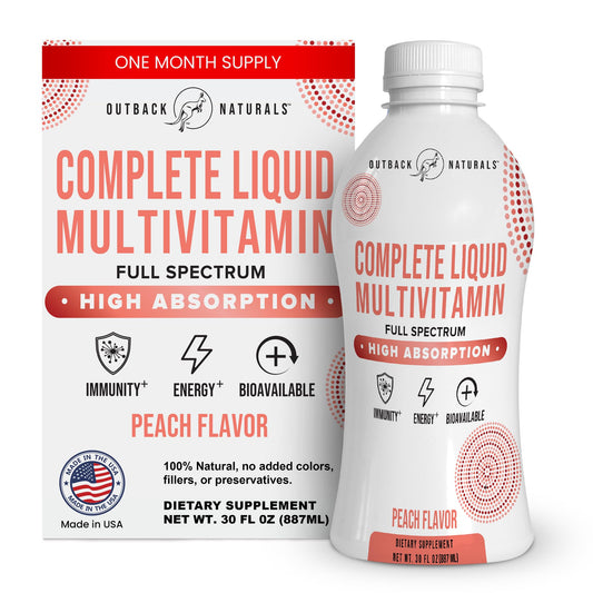 Outback Naturals Complete Liquid Multivitamin bottle shows high-absorption daily wellness.