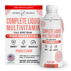 Outback Naturals Complete Liquid Multivitamin bottle shows high-absorption daily wellness.