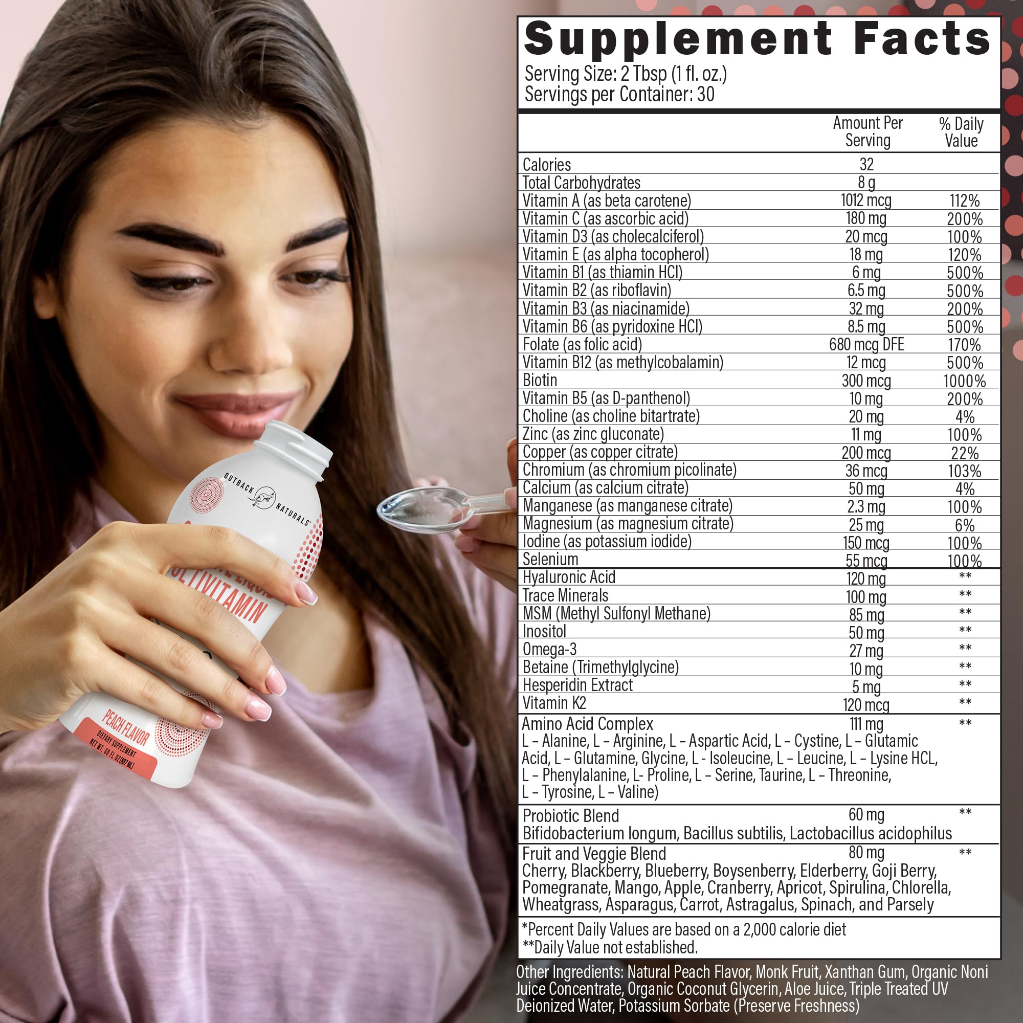 Outback Naturals probiotic blend close-up with measuring scoop.