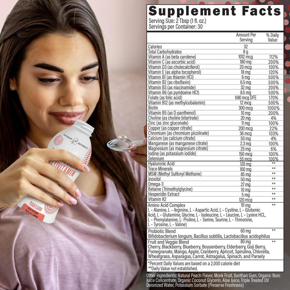 Outback Naturals probiotic blend close-up with measuring scoop.