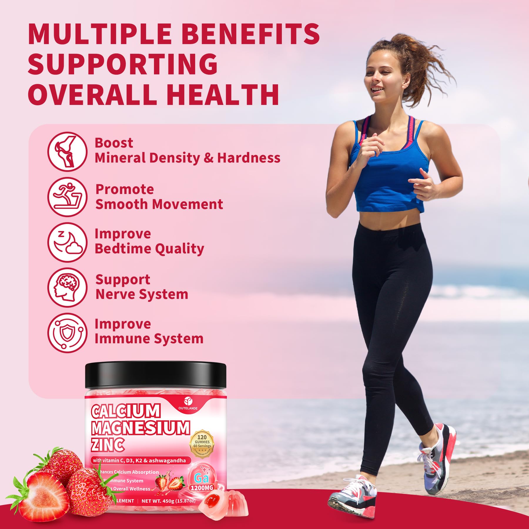 OUTELANDE calcium citrate gummies closeup highlighting gentle strawberry flavor