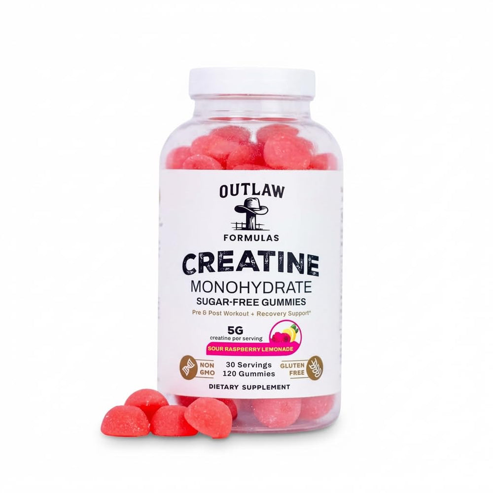 Outlaw Formulas Creatine Monohydrate Gummies bottle front for convenient daily performance.