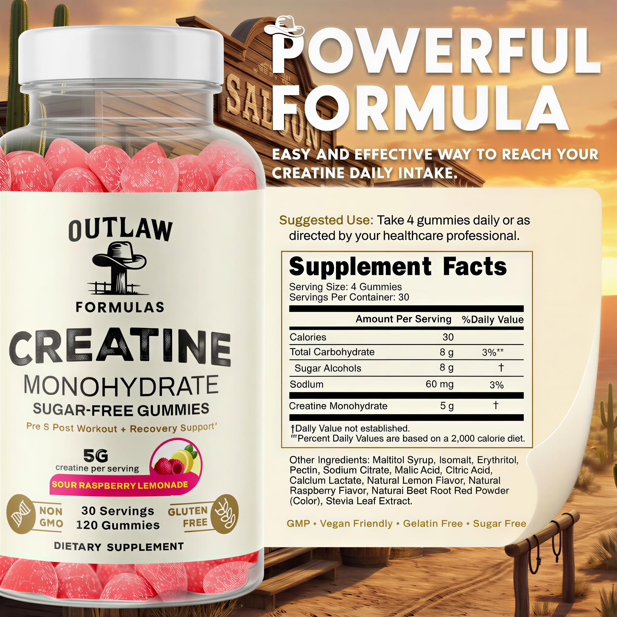 Outlaw Formulas Creatine Monohydrate Gummies gummy closeup shows texture and flavor.