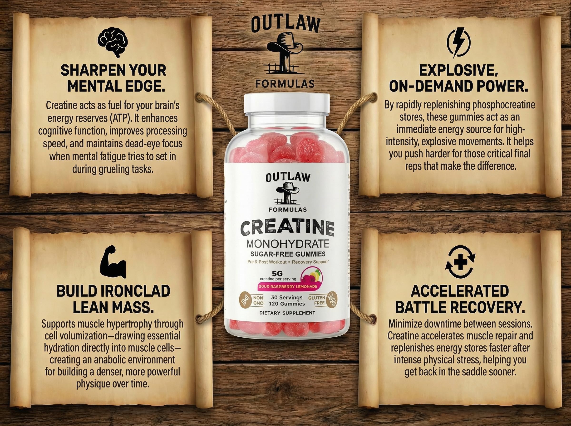 Outlaw Formulas Creatine Monohydrate Gummies pack open shows 120 gummies.