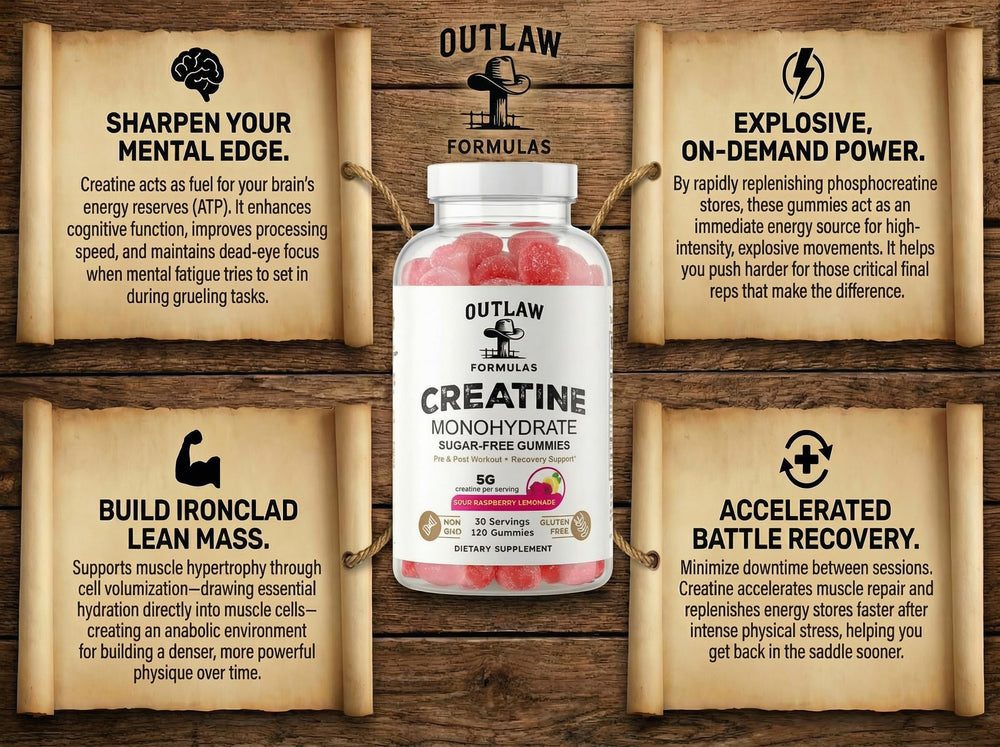 Outlaw Formulas Creatine Monohydrate Gummies pack open shows 120 gummies.