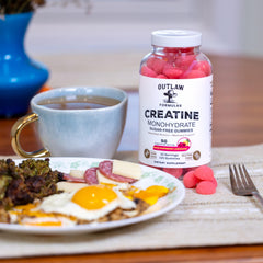 Outlaw Formulas Creatine Monohydrate Gummies pour closeup suggests quick pre/post workout fueling.