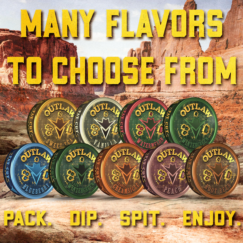 Outlaw packaging on retail shelf emphasizes tobacco-free, flavor-forward choice.
