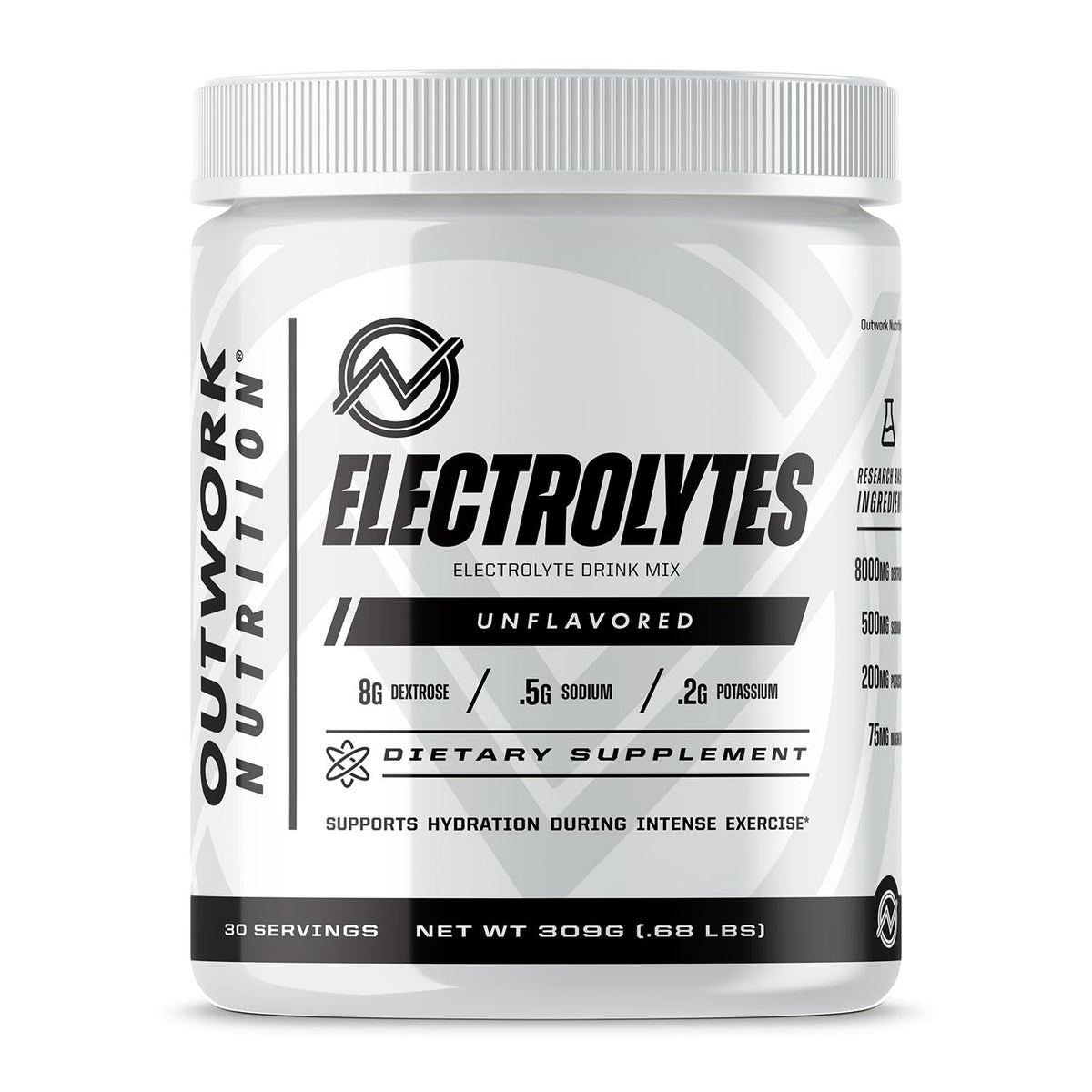 Outwork Nutrition Electrolytes Powder tub front for clean hydration during workouts.
