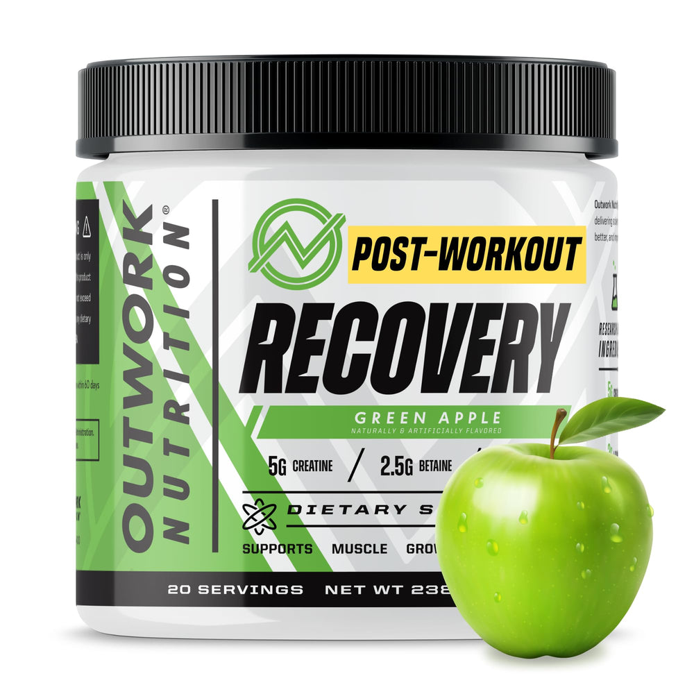 Outwork Nutrition post-workout recovery bottle in green apple flavor supports recovery.