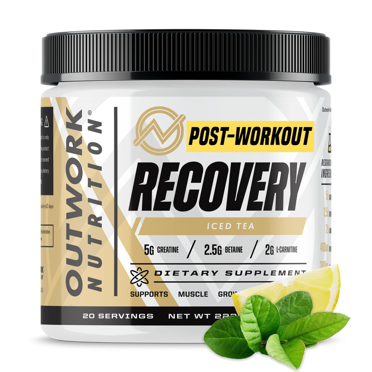 Outwork Nutrition post-workout recovery powder tub supports post-workout recovery with a refreshing iced tea flavor