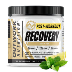 Outwork Nutrition post-workout recovery powder tub supports post-workout recovery with a refreshing iced tea flavor