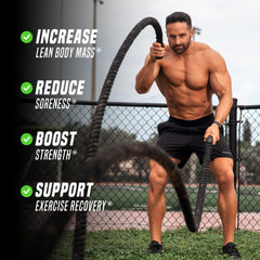 Scoop beside bottle demonstrates convenient mixing after training with Outwork Recovery.