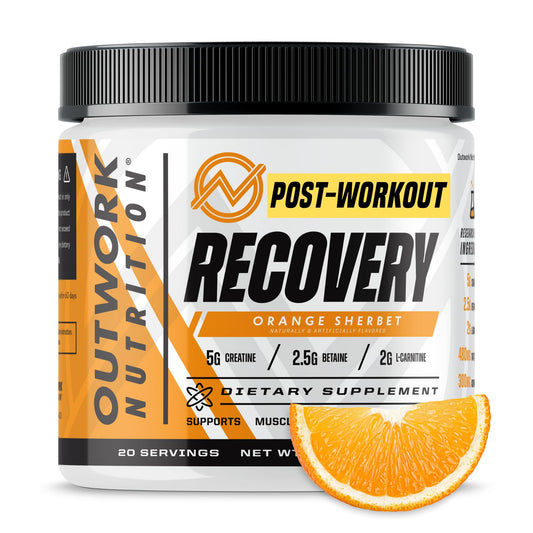 Outwork Nutrition post-workout recovery tub with orange sherbet flavor supports faster muscle recovery.