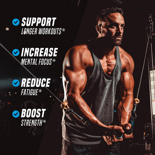 Outwork Nutrition preworkout powder beside a scoop suggests endurance and blood flow benefits