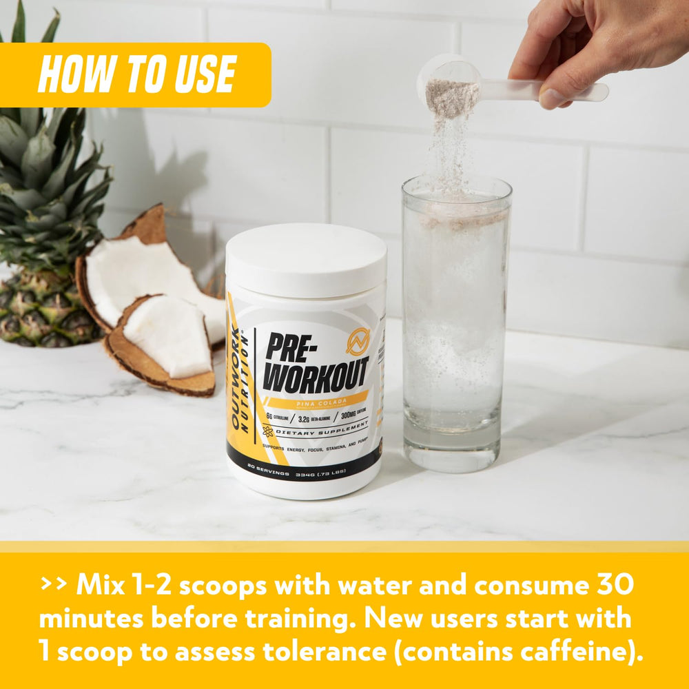 Outwork Nutrition preworkout in glass with mixed powder and flavor