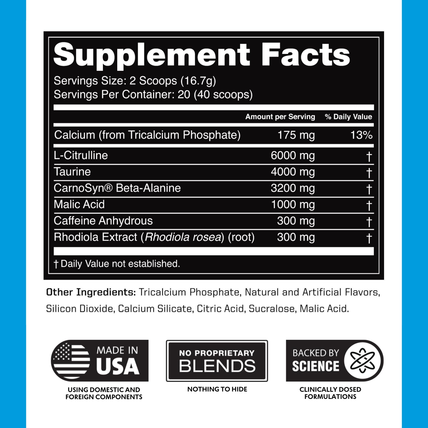 Outwork Nutrition preworkout ingredients chart highlights Citrulline Malate and Rhodiola for energy