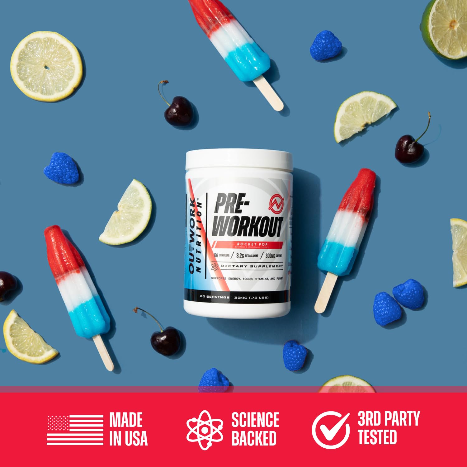 Outwork Nutrition Preworkout made in USA badge indicating manufacturing standards.