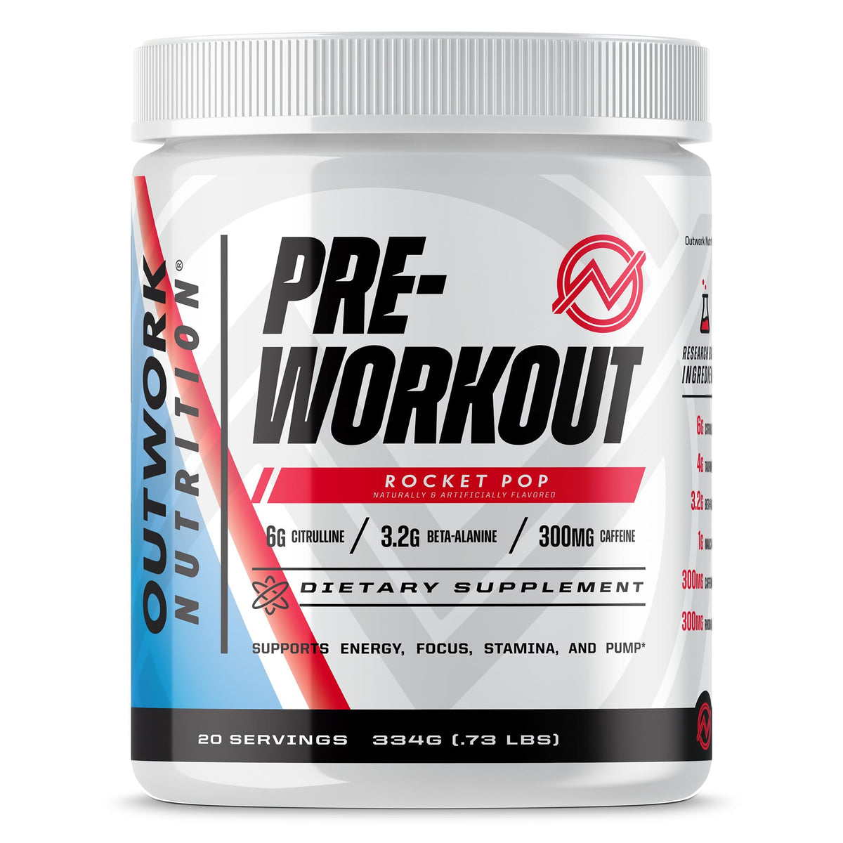 Outwork Nutrition Preworkout Rocket Pop tub showing flavor-packed formula for focused training.