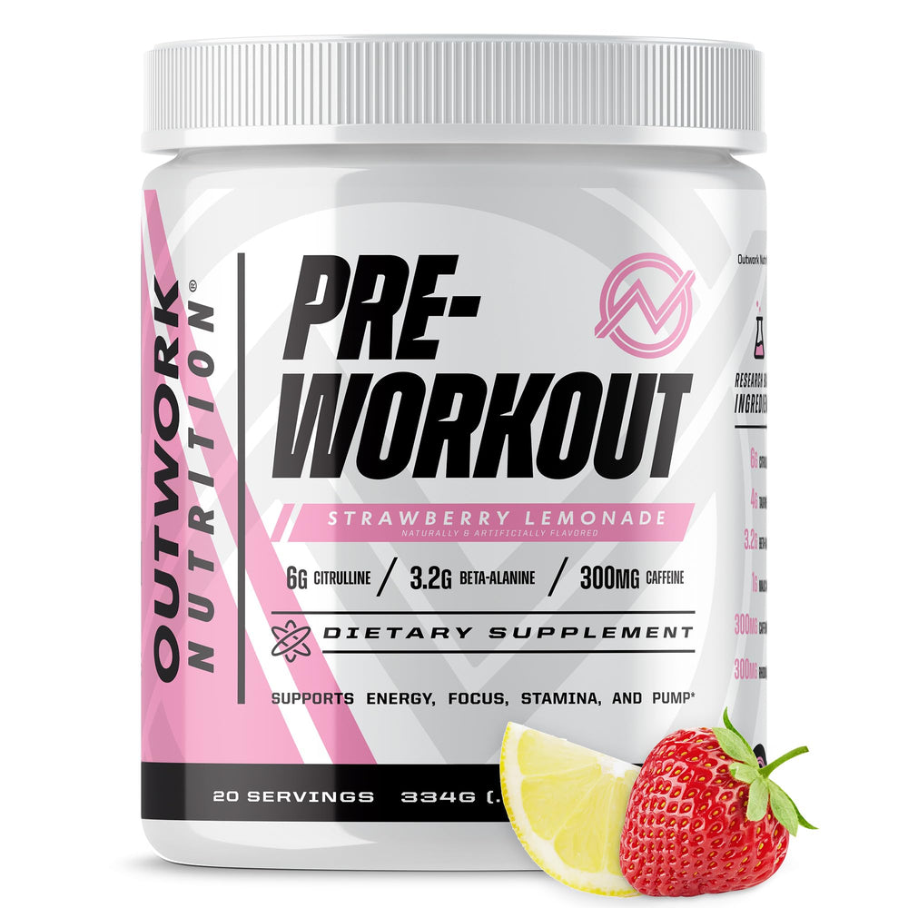 Outwork Nutrition preworkout strawberry lemonade bottle highlights flavor for energizing training