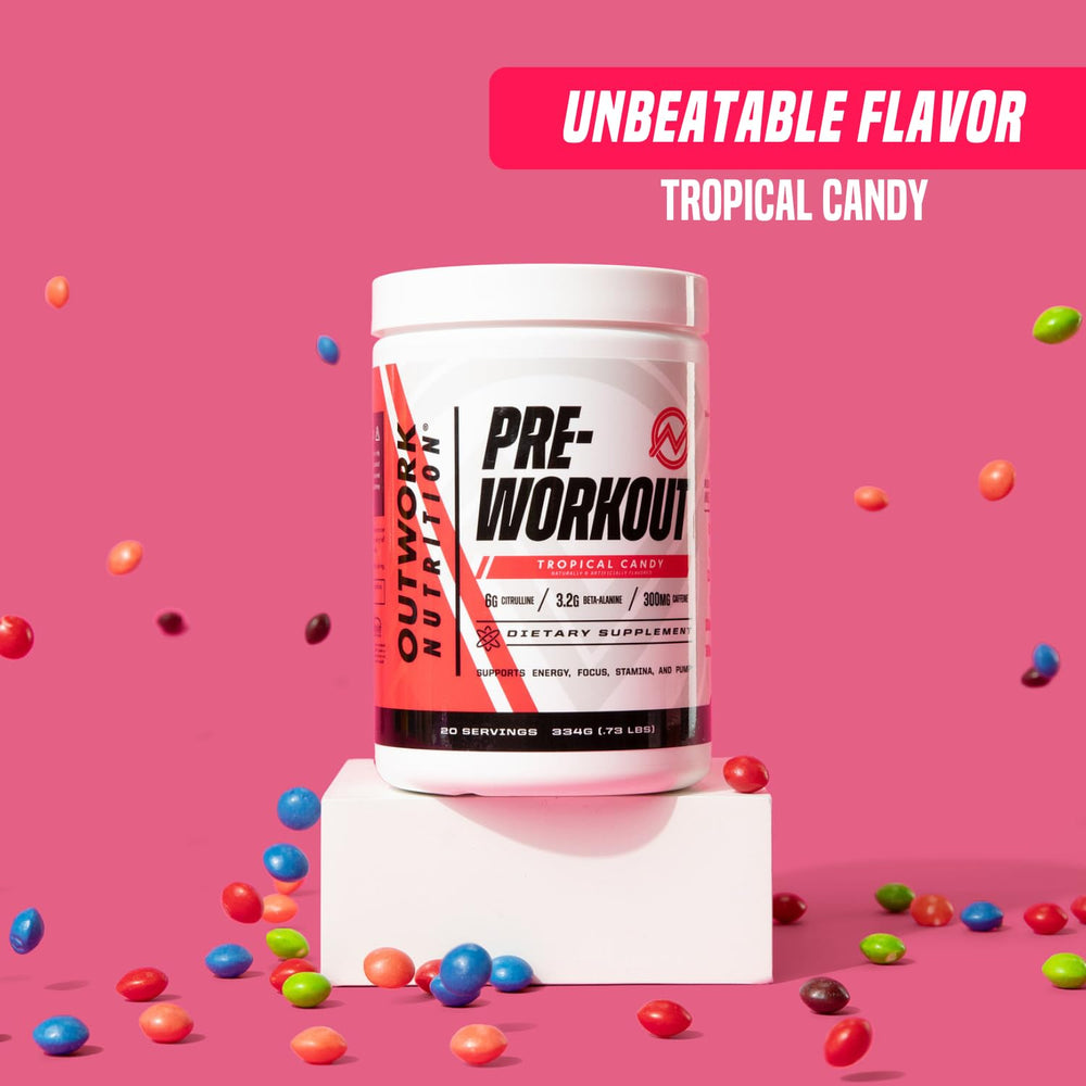 Outwork Nutrition preworkout Tropical Candy glass with mixed drink ready to go.