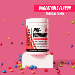 Outwork Nutrition preworkout Tropical Candy glass with mixed drink ready to go.