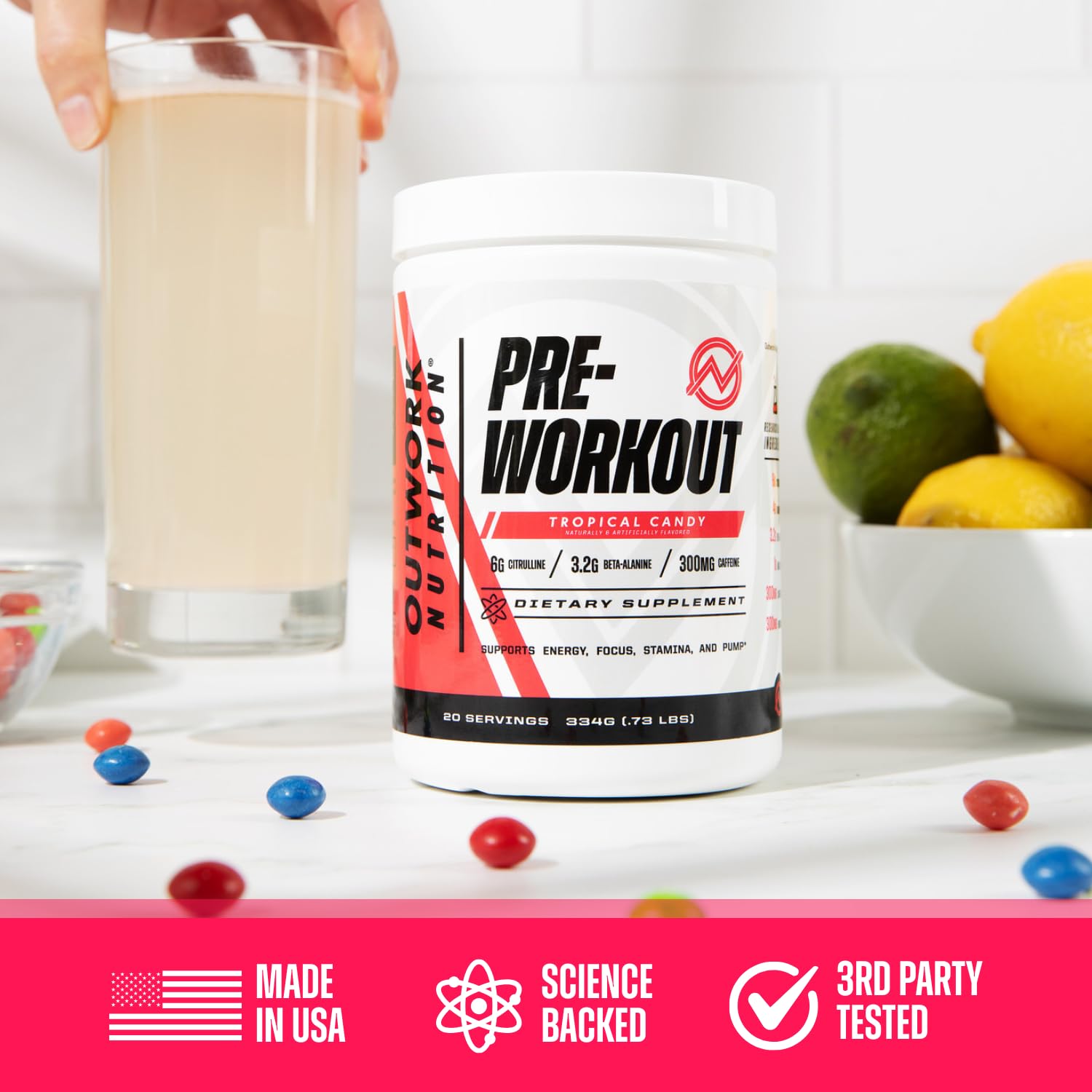 Outwork Nutrition Tropical Candy serving size on label for planning workouts.