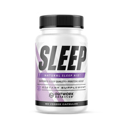 Outwork Nutrition Sleep Aid bottle front with calm branding and natural ingredients for a calmer night.