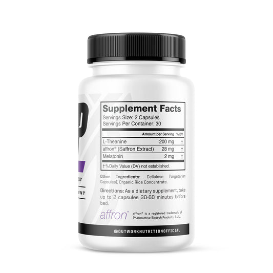 Closeup of Outwork Nutrition Sleep Aid capsules showing texture and color.