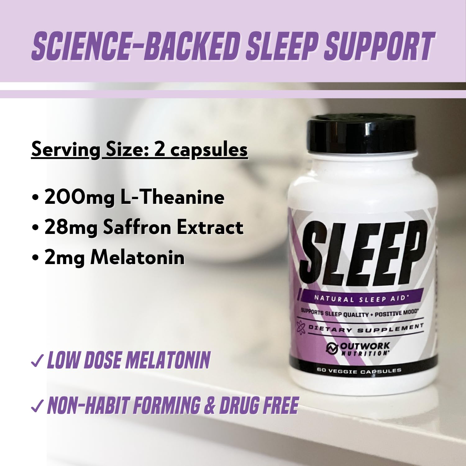 Packaging display of Outwork Nutrition Sleep Aid emphasizing 60 vegan capsules.