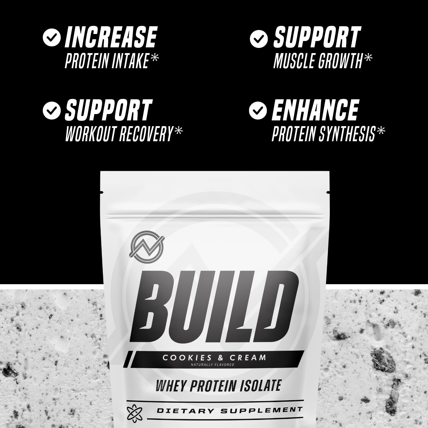 Outwork Nutrition whey isolate Cookies & Cream scoop pouring powder for lean muscle growth.