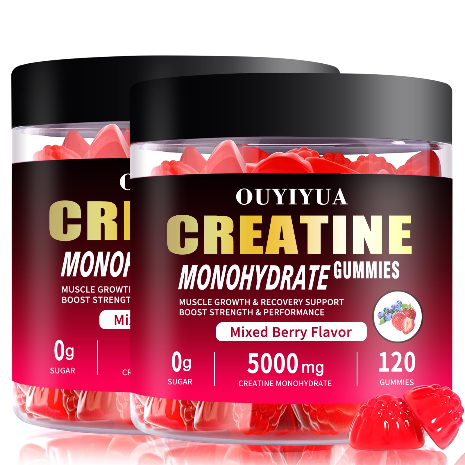 OUYIYUA Creatine Gummies bottle front showing 5000mg per serving for workouts.