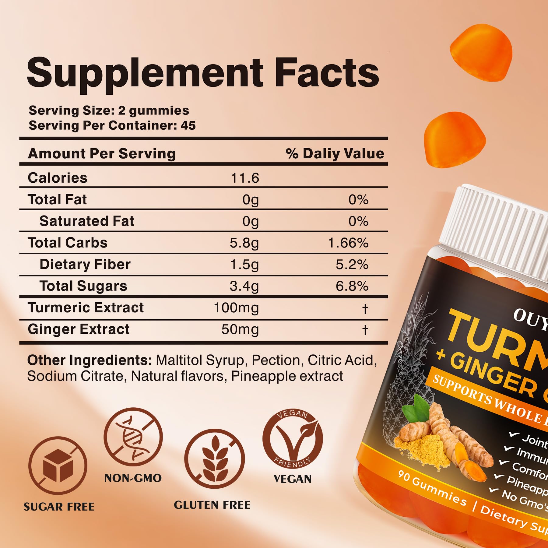 OUYIYUA Turmeric Gummies close-up shows ginger-turmeric blend and pineapple flavor.