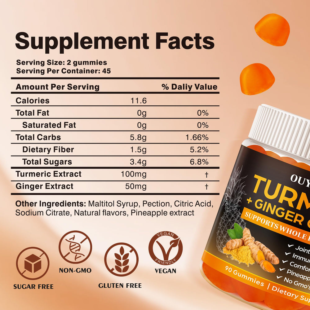 OUYIYUA Turmeric Gummies close-up shows ginger-turmeric blend and pineapple flavor.