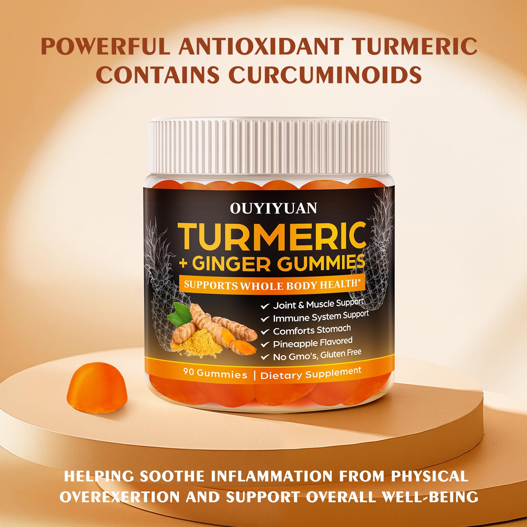 OUYIYUA Turmeric Gummies immune-support badge on bottle.