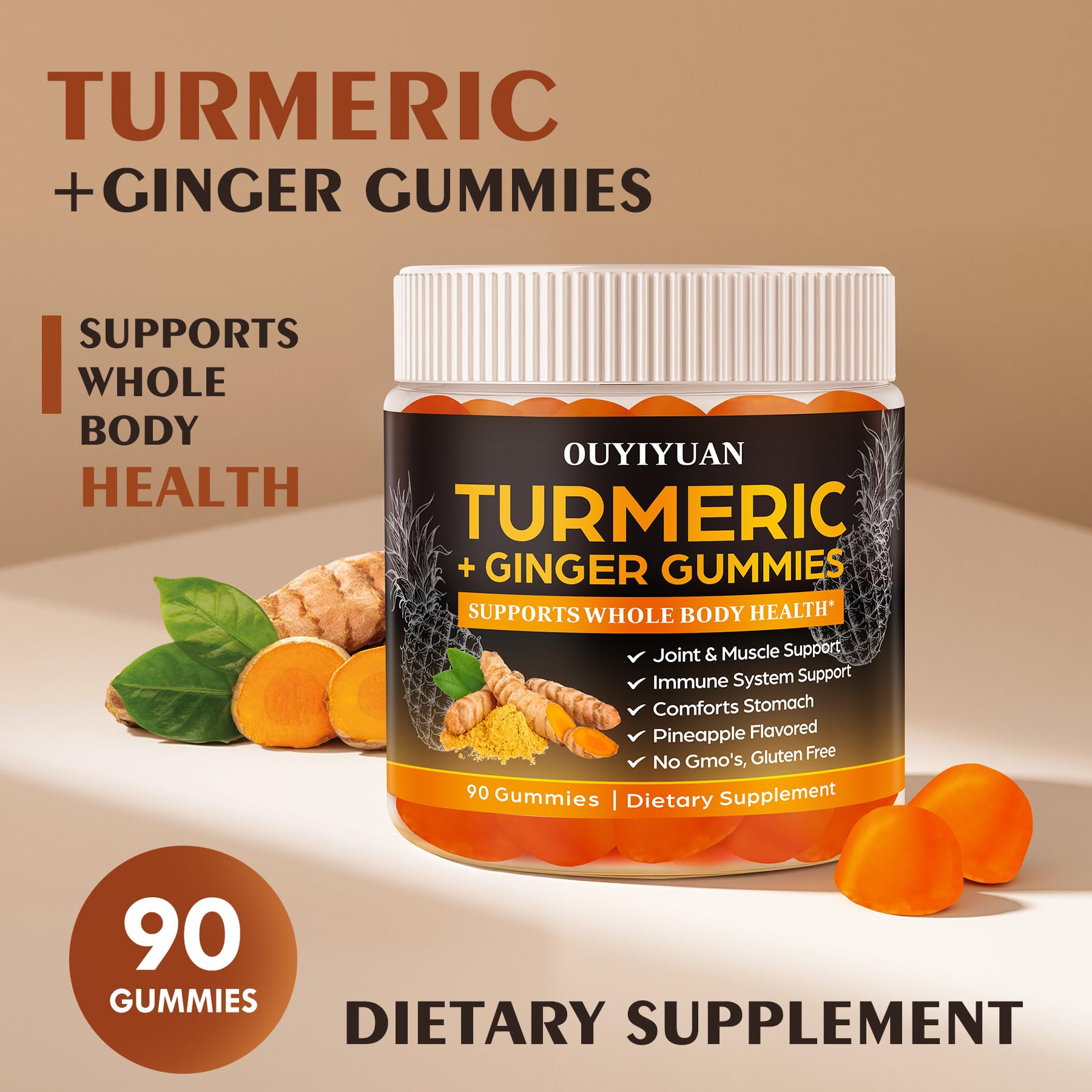 OUYIYUA Turmeric Gummies sugar-free, natural pineapple flavor label.