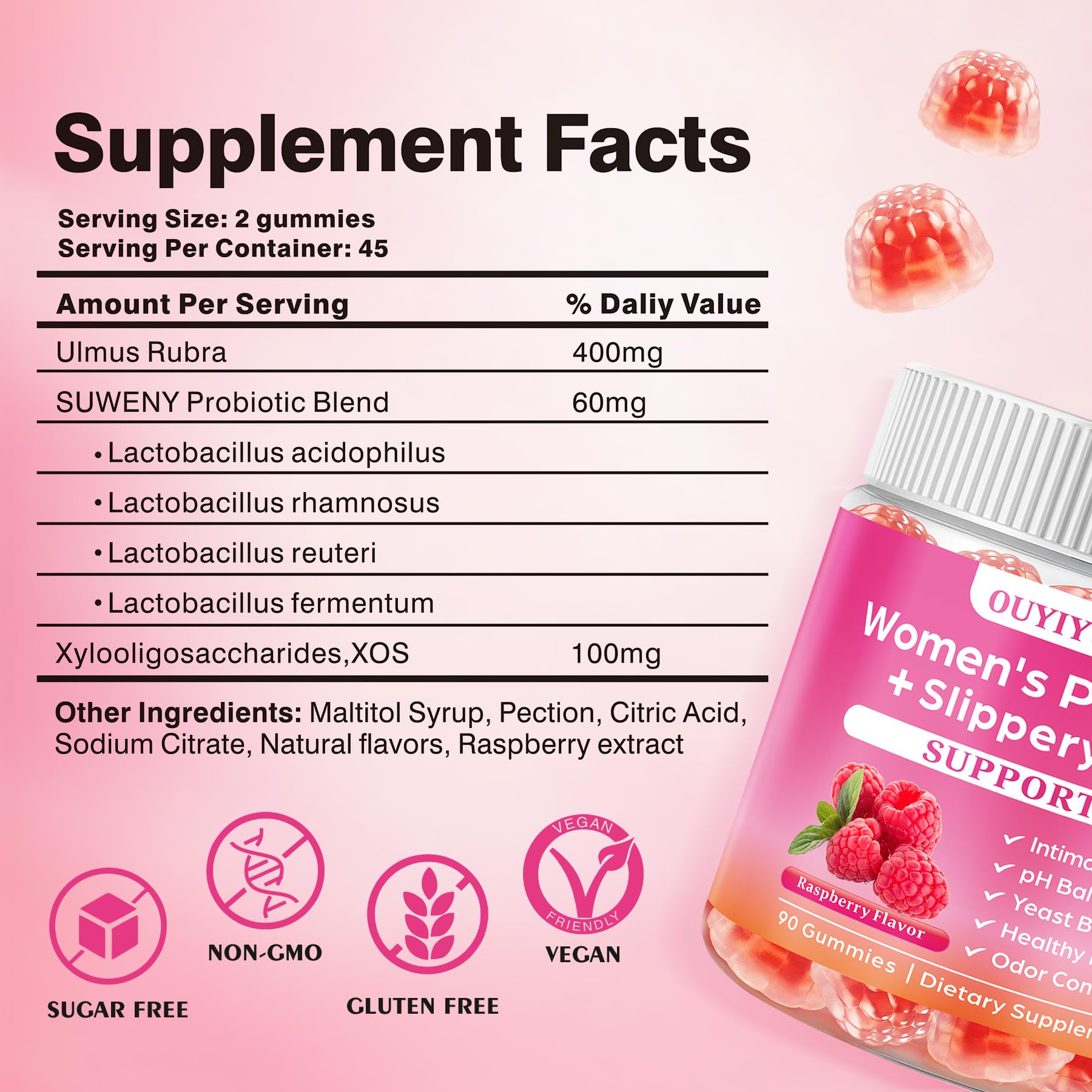 OUYIYUA probiotics bottle front emphasizes natural raspberry flavor for a tasty daily routine