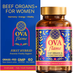 OVA flame beef organs women bottle with capsules for daily balance and energy.