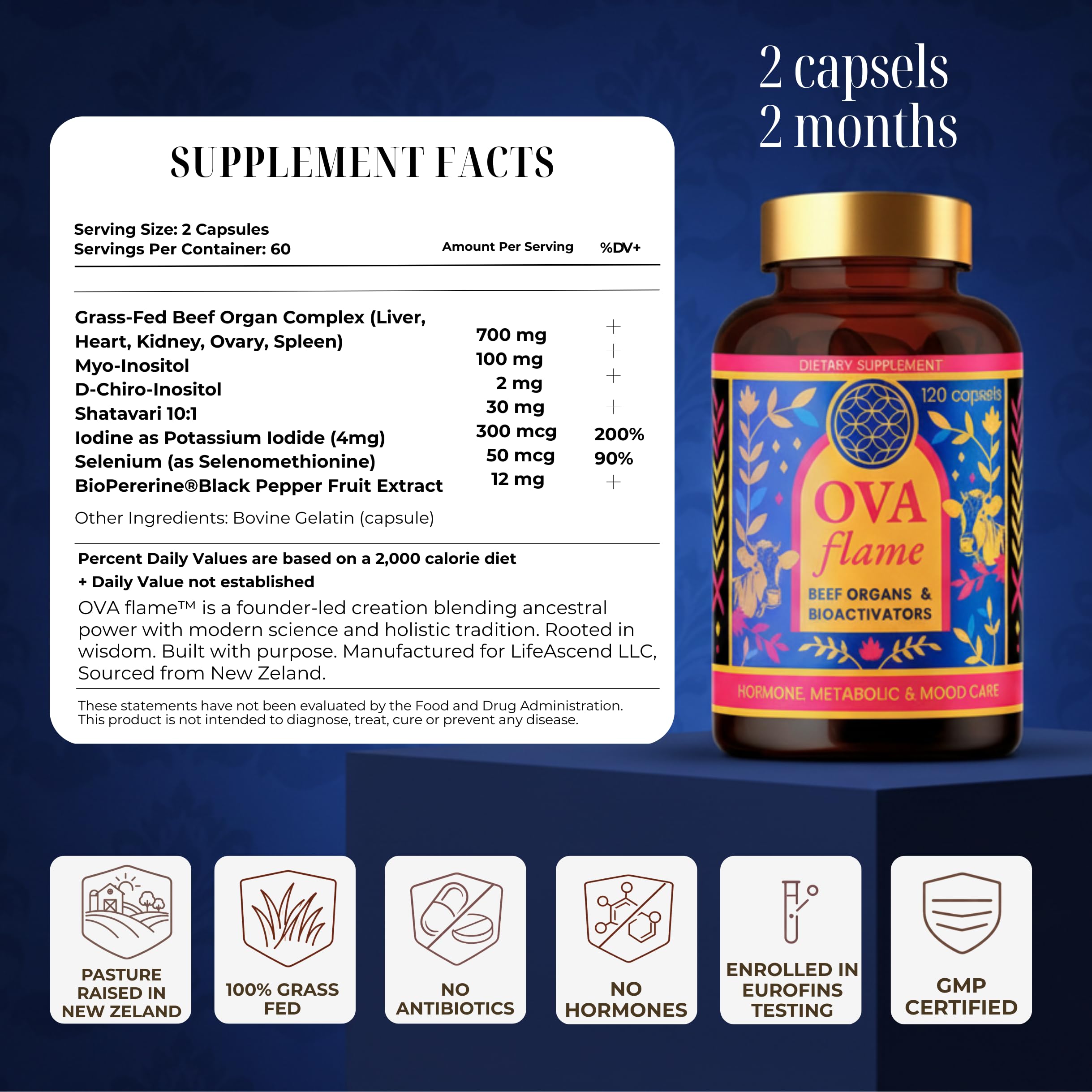 OVA flame capsules on white background for daily wellness routine.