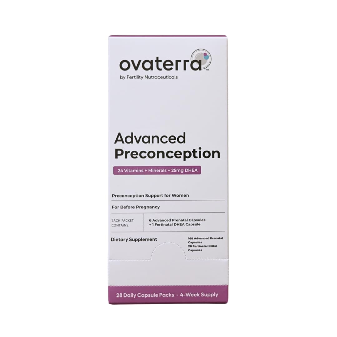 Ovaterra Advanced Preconception bottle closeup showing nutrient labels for early pregnancy support