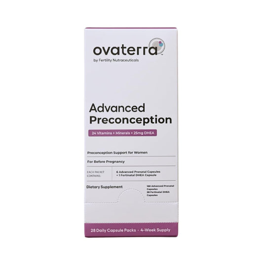 Ovaterra Advanced Preconception bottle closeup showing nutrient labels for early pregnancy support