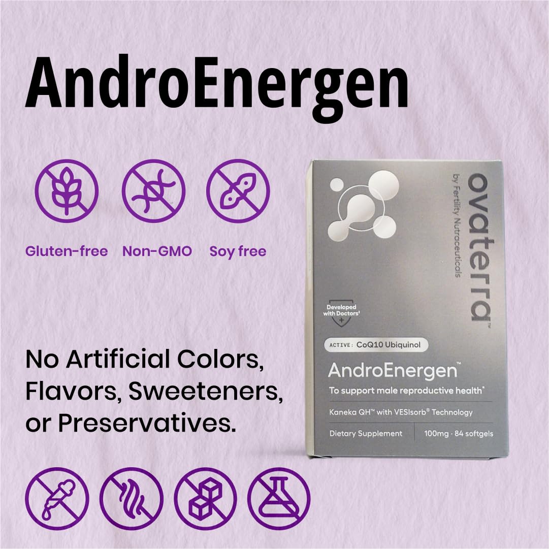 Ovaterra AndroEnergen CoQ10 label featuring Kaneka QH and VESIsorb for enhanced bioavailability.