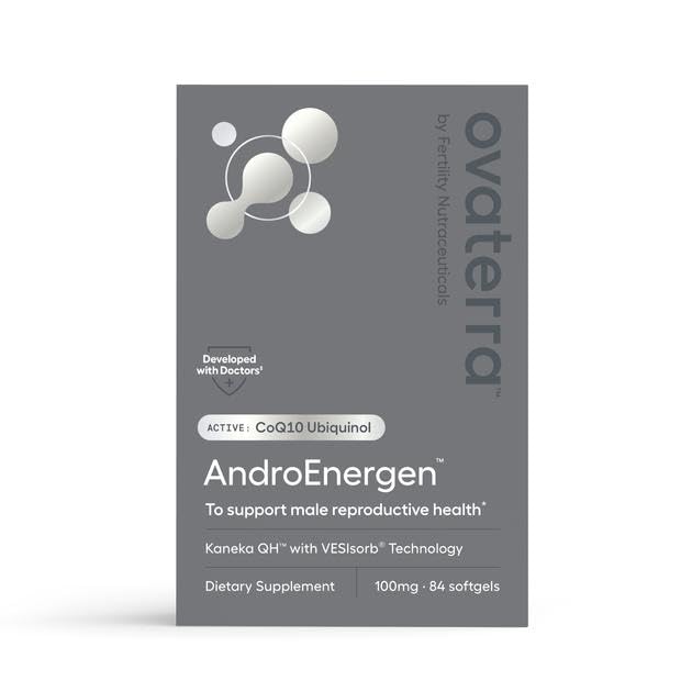 Ovaterra AndroEnergen CoQ10 softgel bottle highlighting absorption technology for better uptake.