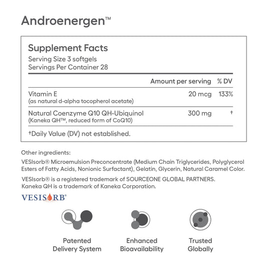 Close-up of Ovaterra AndroEnergen CoQ10 capsules showing 100 mg ubiquinol for daily use.