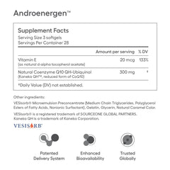 Close-up of Ovaterra AndroEnergen CoQ10 capsules showing 100 mg ubiquinol for daily use.