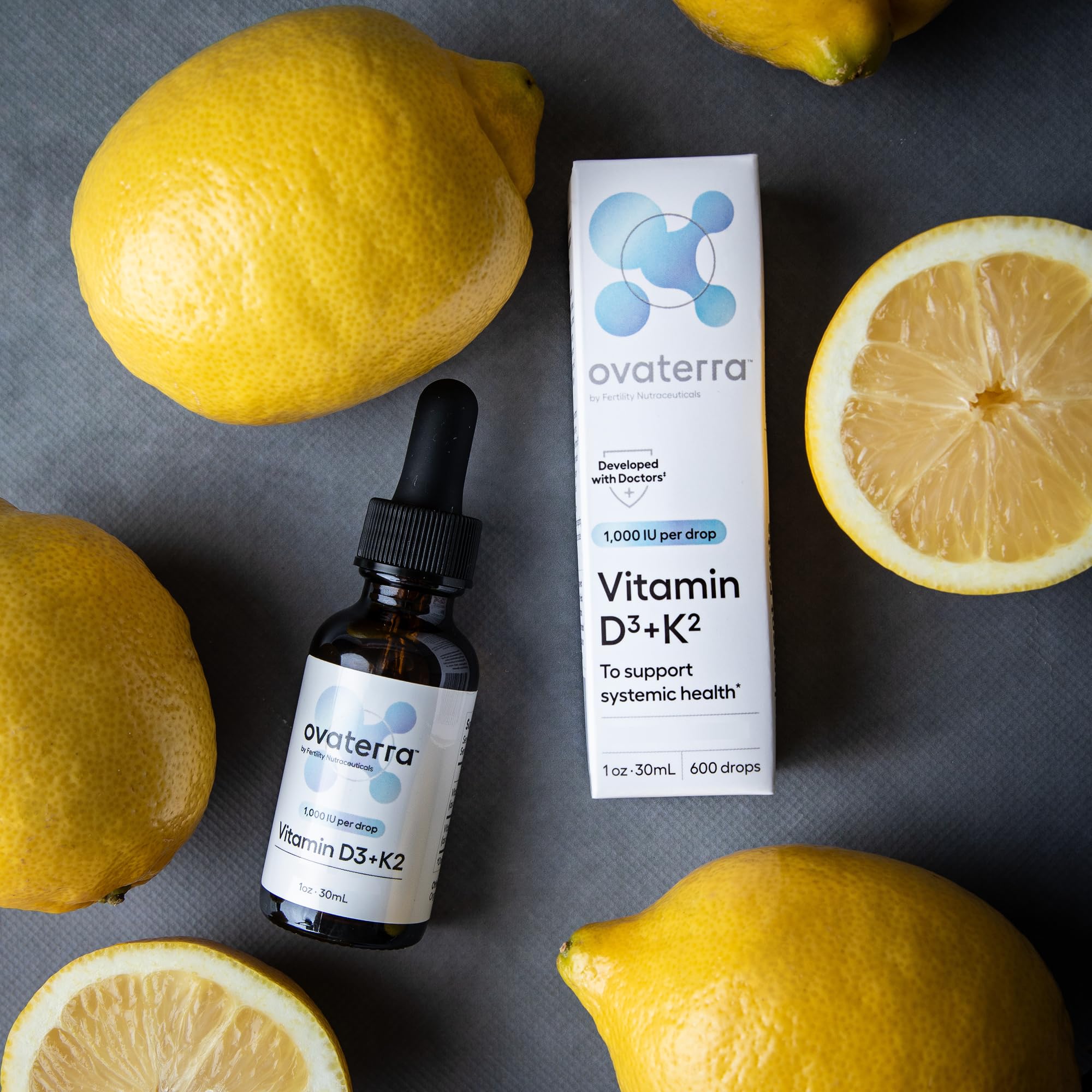 Ovaterra vitamin D3 & K2 bottle on a kitchen counter.