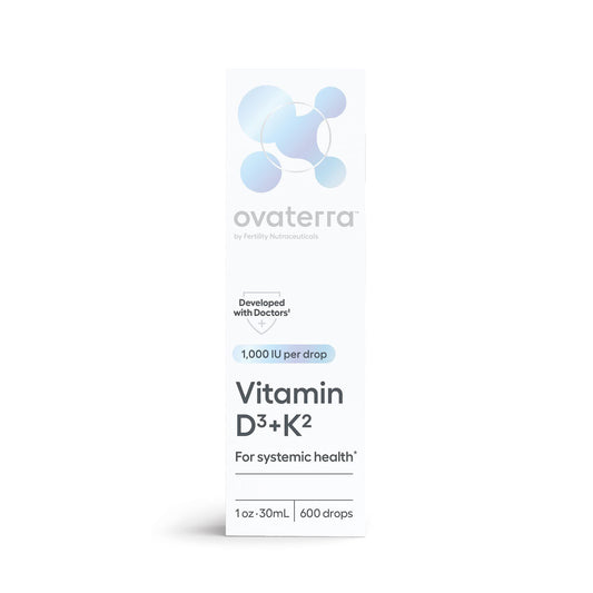 Ovaterra Vitamin D3 & K2 liquid bottle close-up for bone support and daily wellness.